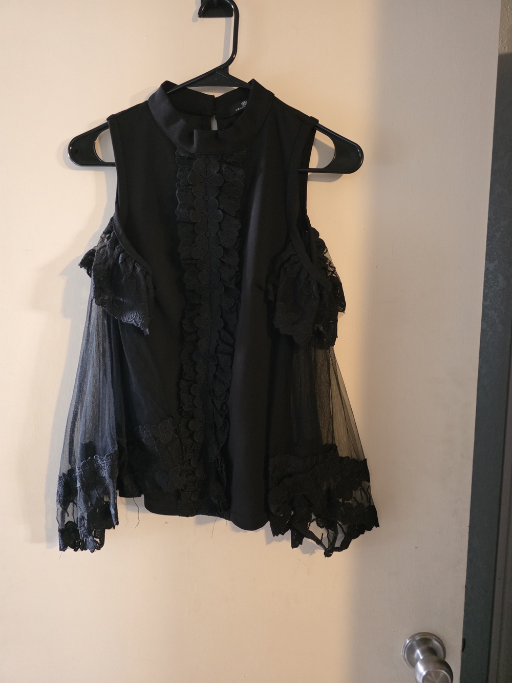 Black Lace Cold-Shoulder Ruffled Blouse